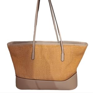 IZZY & ALI STRAW WOVEN TAN & PALE BLUE TOTE BAG
